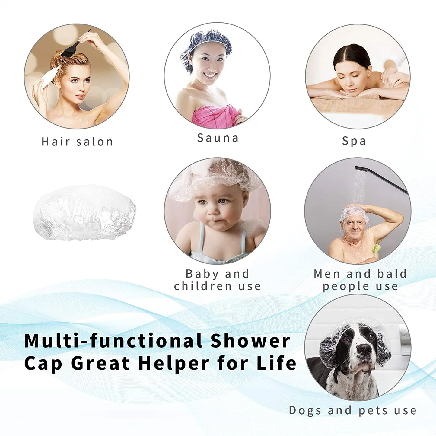 Clear disposable plastic shower cap with elastic band, Wukusy brand, for women’s spa, hotel, and hair salon use.