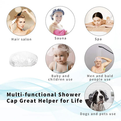 Clear disposable plastic shower cap with elastic band, Wukusy brand, for women’s spa, hotel, and hair salon use.