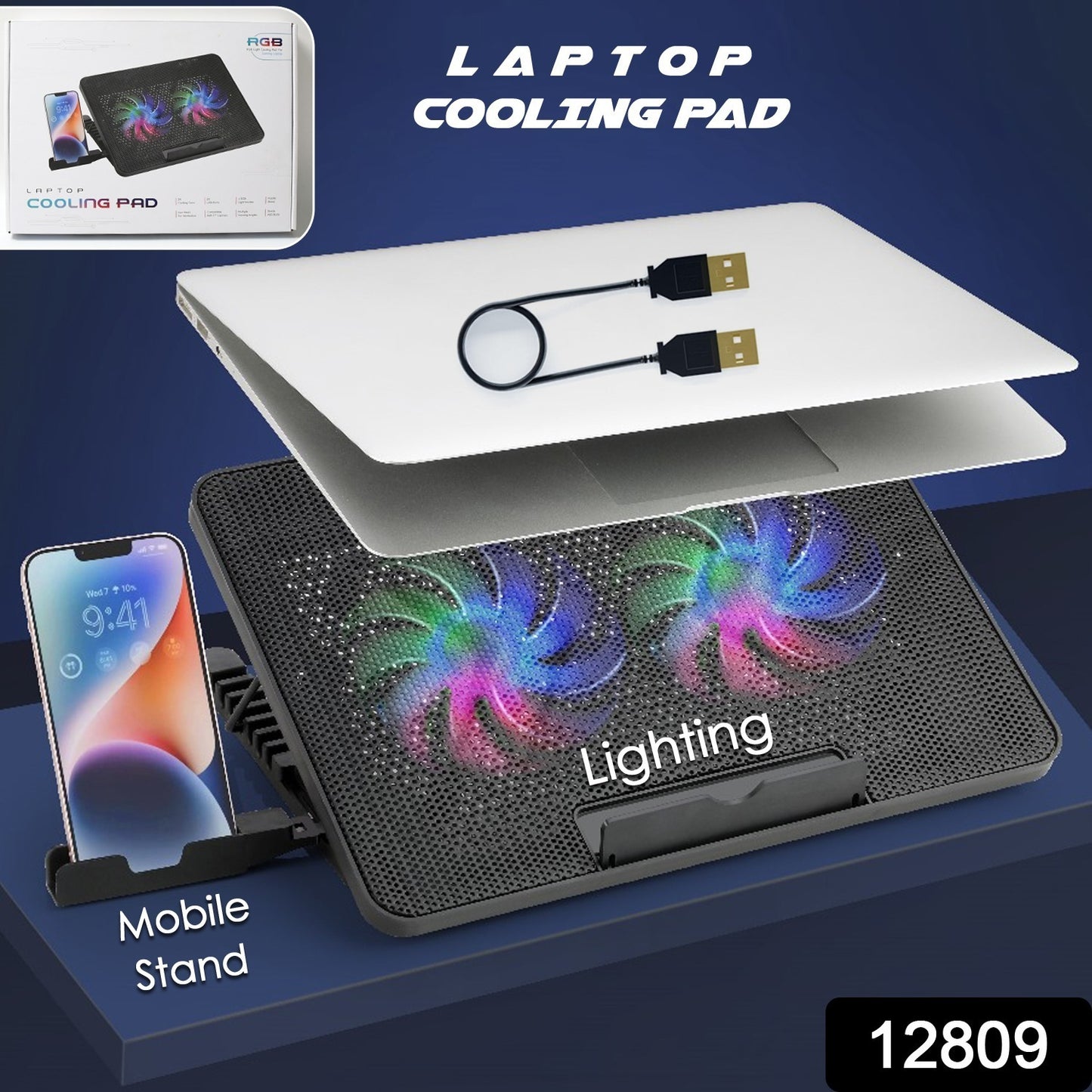 Wukusy laptop cooler with two quiet LED fans, dual USB ports, ultra-slim design, adjustable height for gaming and home use.