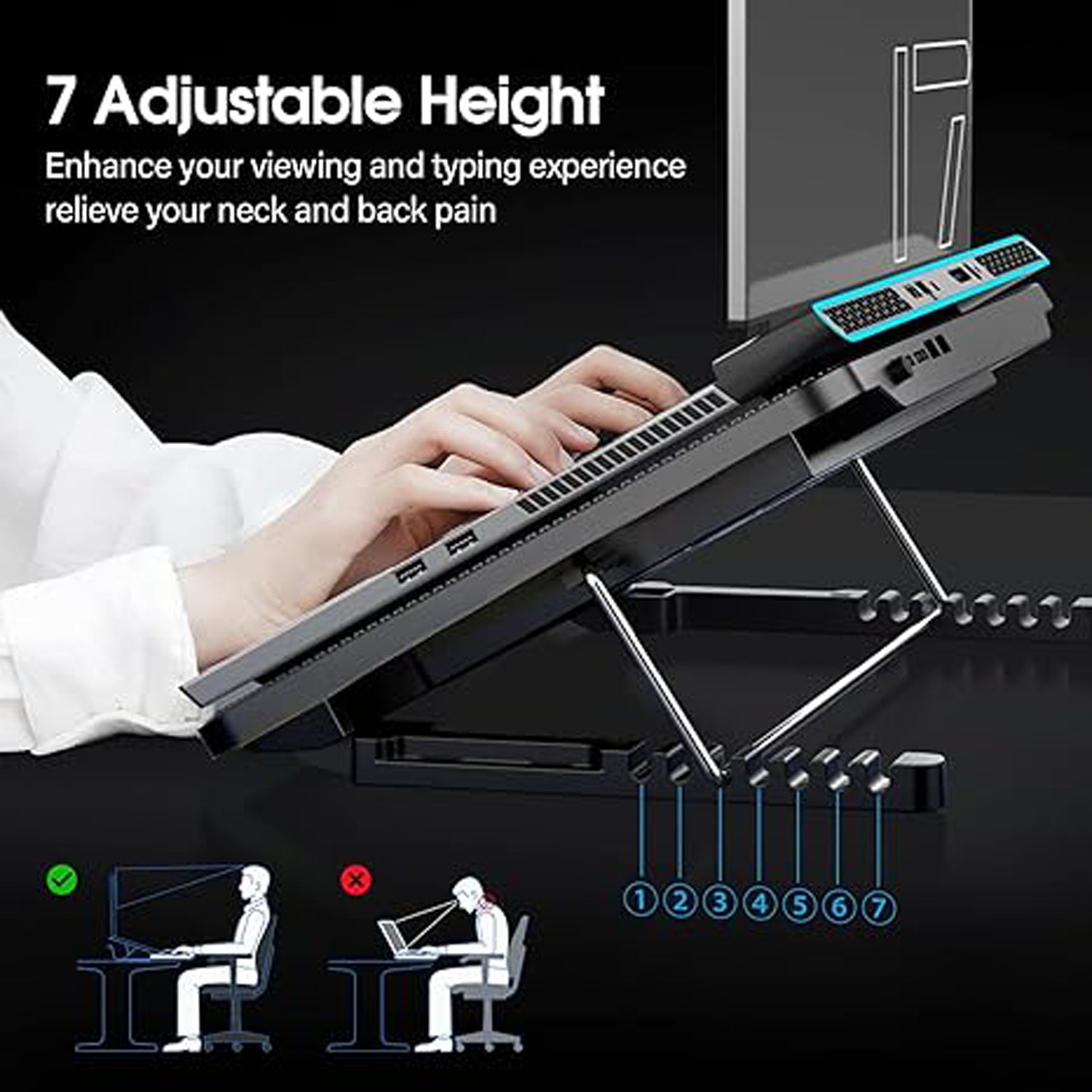 Wukusy laptop cooling pad with two quiet LED fans, dual USB ports, ultra-slim design, adjustable height, perfect for gaming laptops.