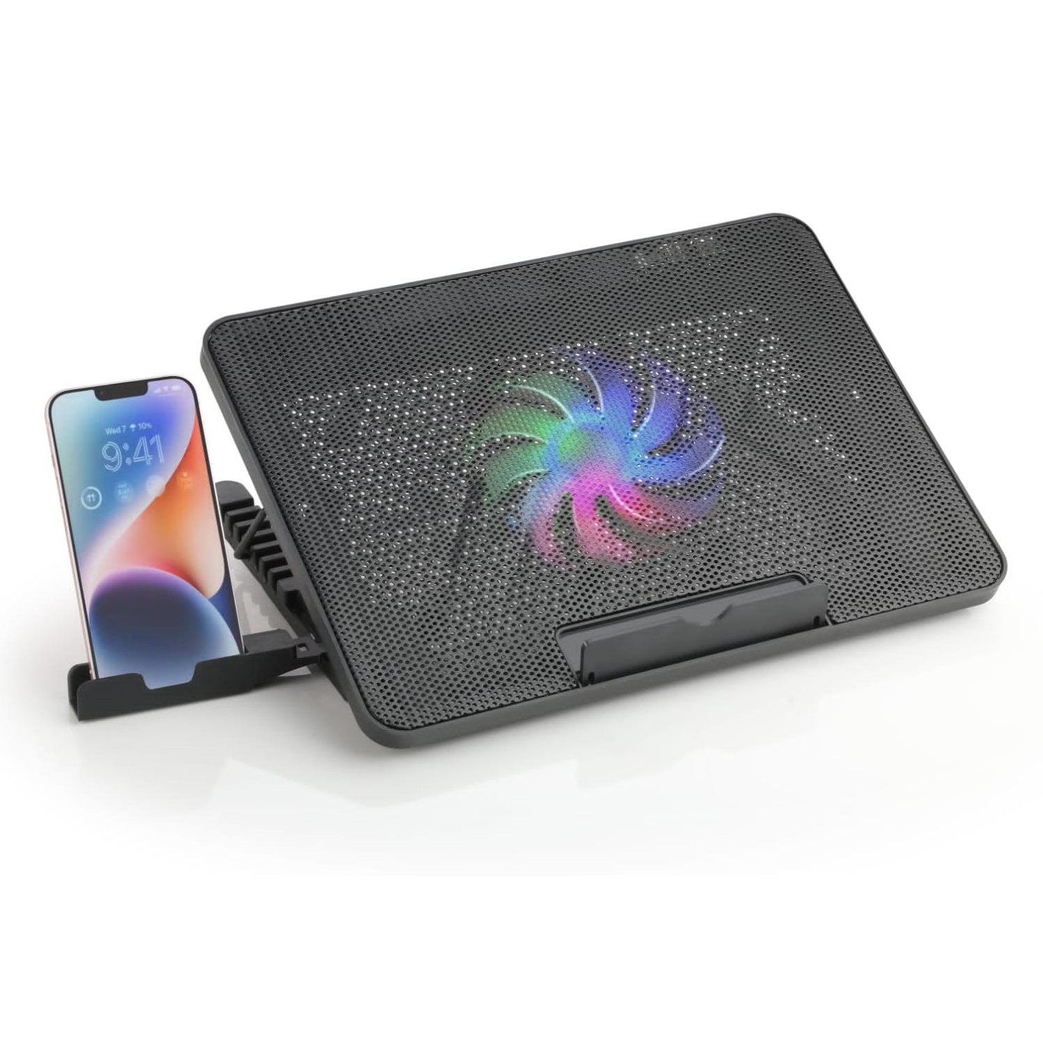Wukusy laptop cooler with two quiet LED fans, dual USB ports, ultra-slim design, adjustable height, ideal for gaming laptops.