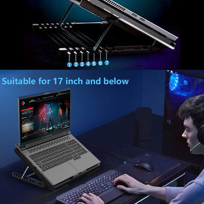 Wukusy laptop cooling pad with dual LED fans, adjustable height, dual USB ports, ultra-slim design, suitable for gaming laptops.