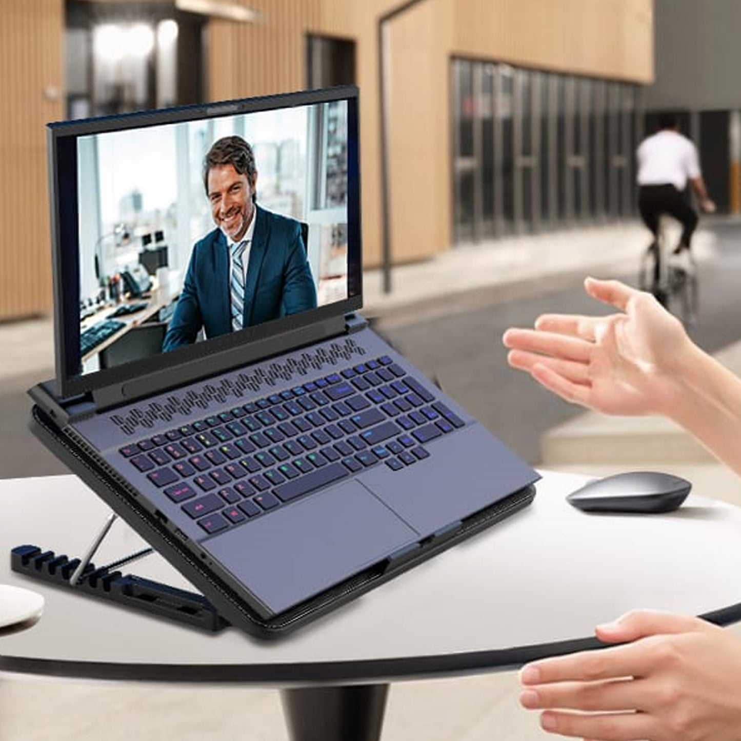 Wukusy laptop cooling pad with 2 quiet LED fans, dual USB ports, ultra-slim design, and 7 adjustable heights for gaming laptops.