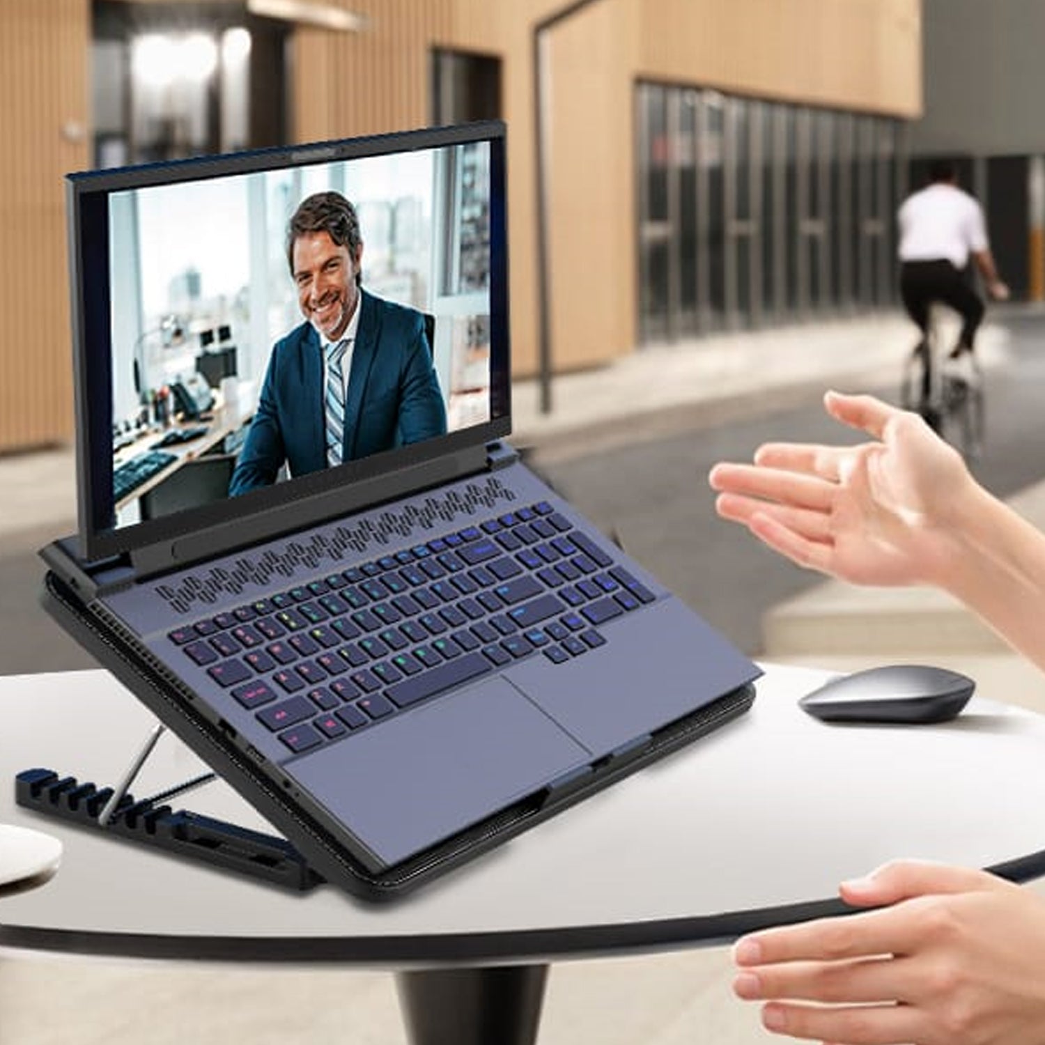 Wukusy laptop cooling pad with 2 quiet LED fans, dual USB ports, ultra-slim design, and 7 adjustable heights for gaming laptops.