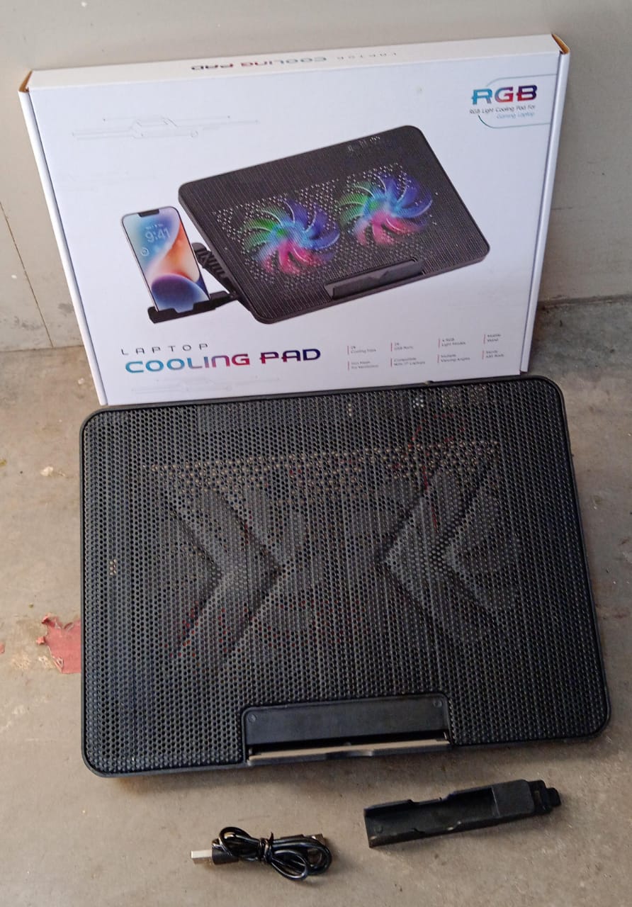 Wukusy laptop cooling pad with dual LED fans, portable ultra-slim design, adjustable height, USB-powered for gaming laptops.