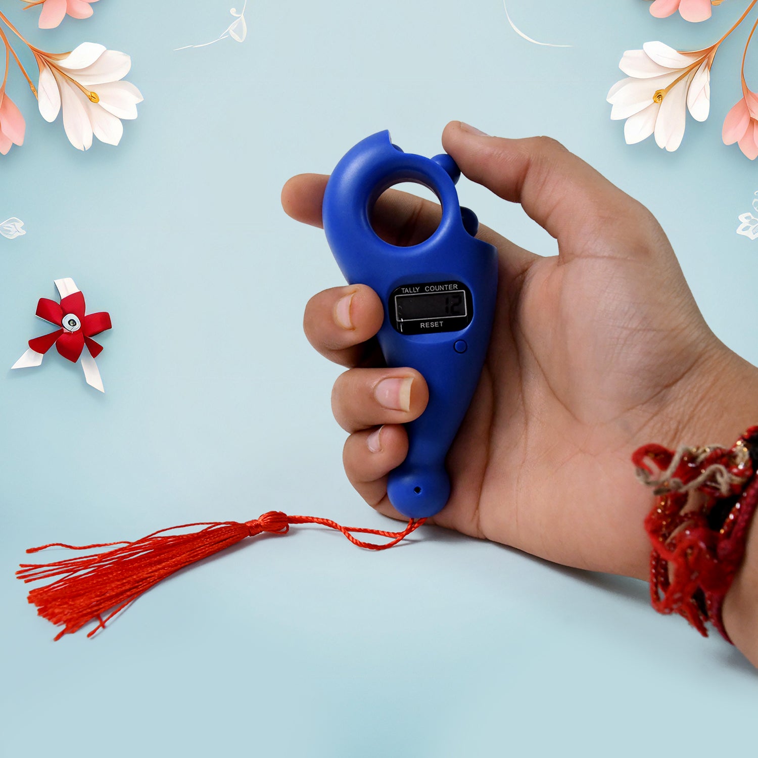 Wukusy digital Tasbih Tally Counter with wooden beads for Zikr and Jaap, used for religious prayer and counting.