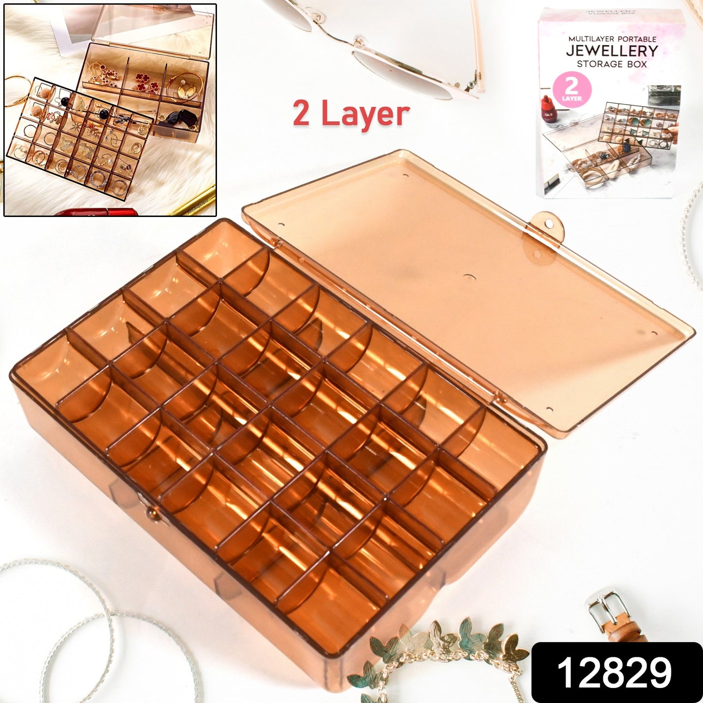 Wukusy 2-layer acrylic jewelry storage box with 30 compartments, dustproof earring and nail art organizer, portable makeup vanity case