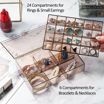 Wukusy 2-layer acrylic jewelry storage box with 30 compartments, dustproof earring and nail art organizer, portable vanity case.