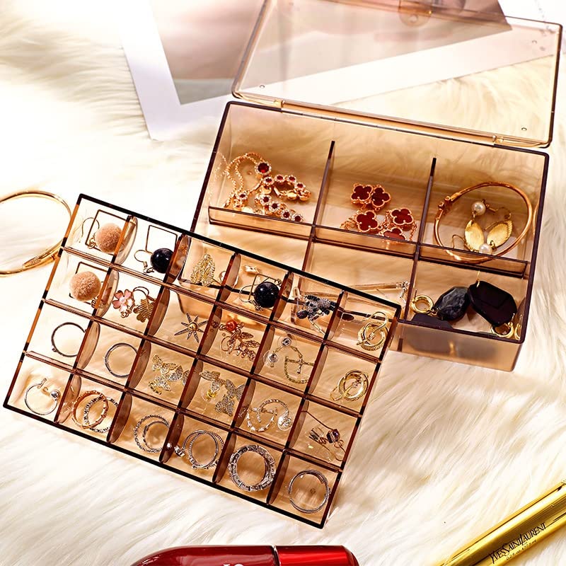 Wukusy 2-layer acrylic jewelry storage box with 30 compartments, dustproof earring and nail art organizer, portable makeup vanity case.