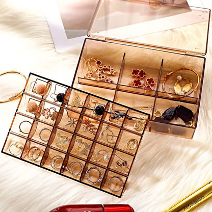 Wukusy 2-layer acrylic jewelry storage box with 30 compartments, dustproof earring and nail art organizer, portable makeup vanity case.