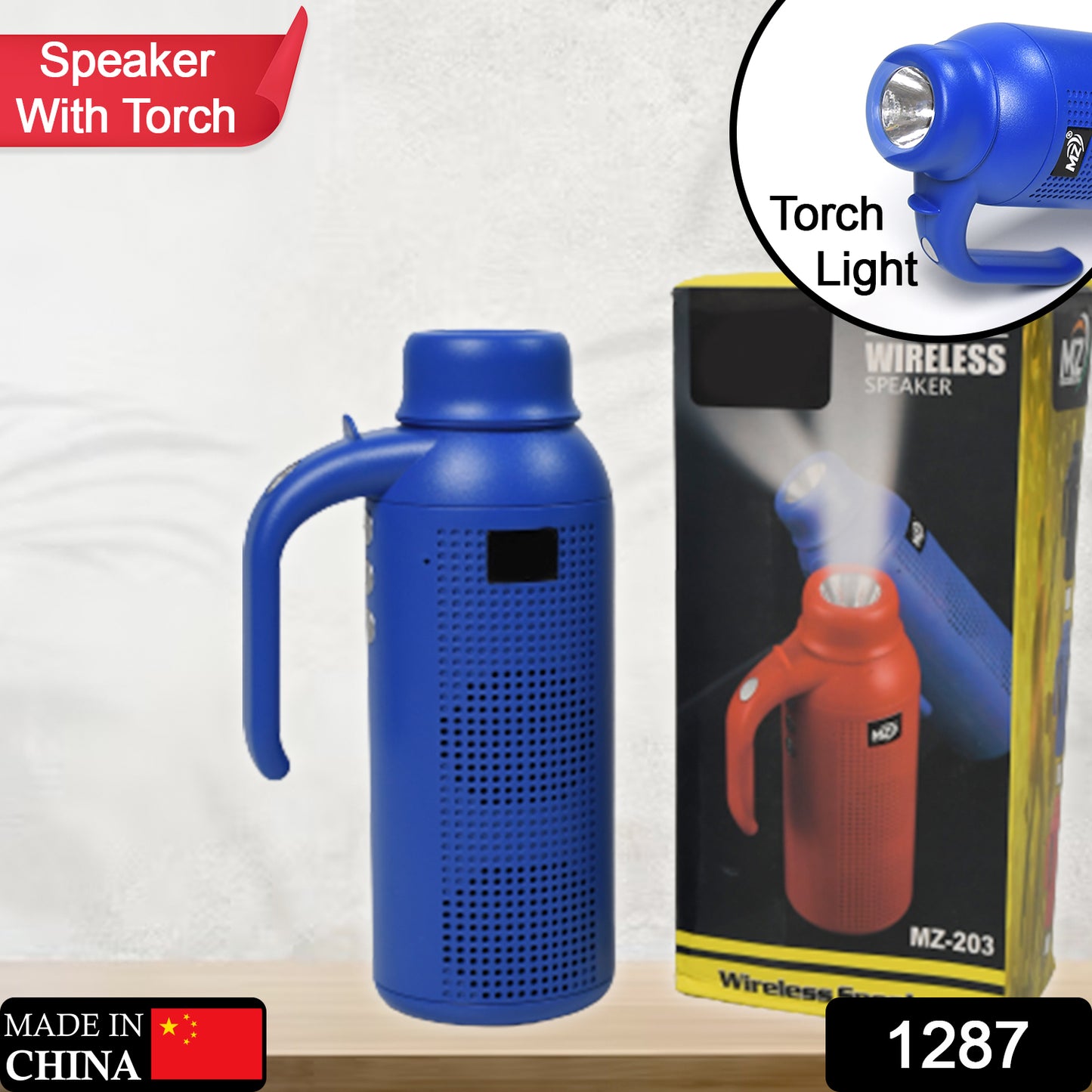 Wukusy Smart Bluetooth Speaker with torch light and night flash light, wireless design for home improvement and outdoor use.