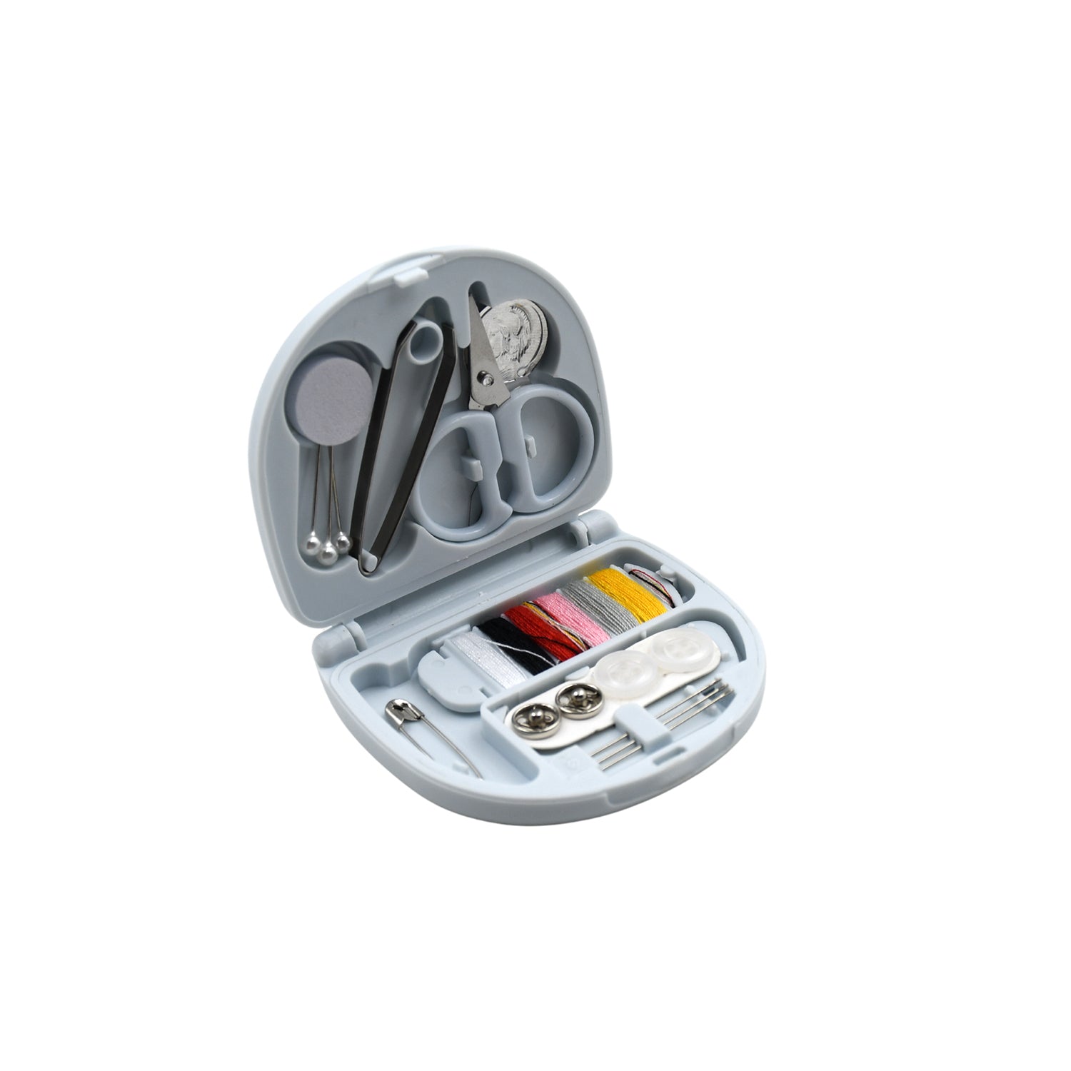 Wukusy 1290 Mini Travel Sewing Kit with threads, scissors, needles in a plastic box, ideal for DIY sewing and emergency repairs.