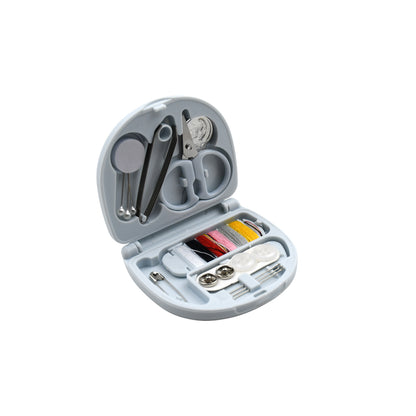 Wukusy 1290 Mini Travel Sewing Kit with threads, scissors, needles in a plastic box, ideal for DIY sewing and emergency repairs.