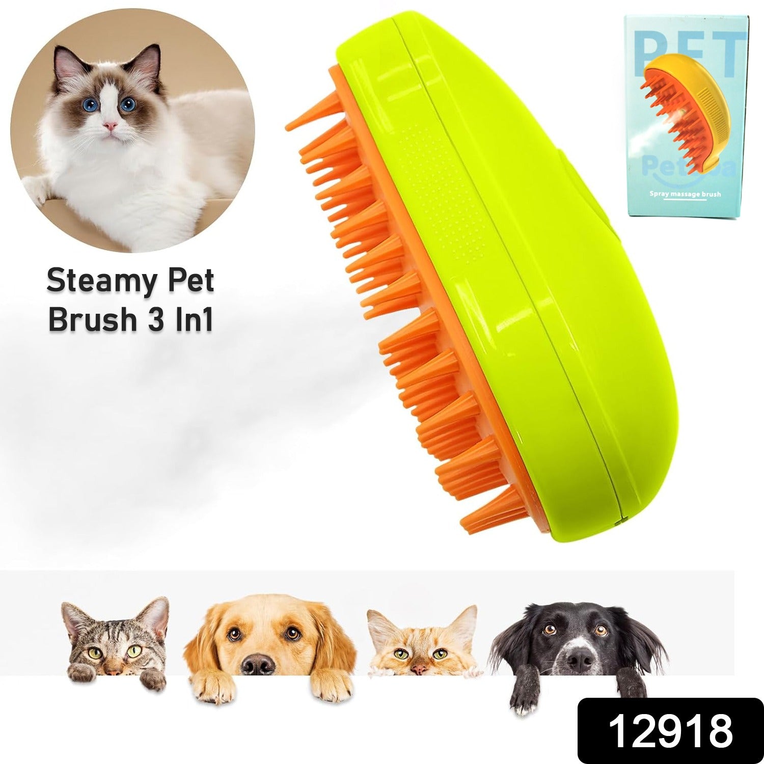Wukusy 3-in-1 steam cat brush with self-cleaning feature, used for grooming, massaging, and removing loose hair from cats and dogs.