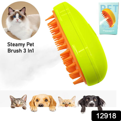 Wukusy 3-in-1 steam cat brush with self-cleaning feature, used for grooming, massaging, and removing loose hair from cats and dogs.