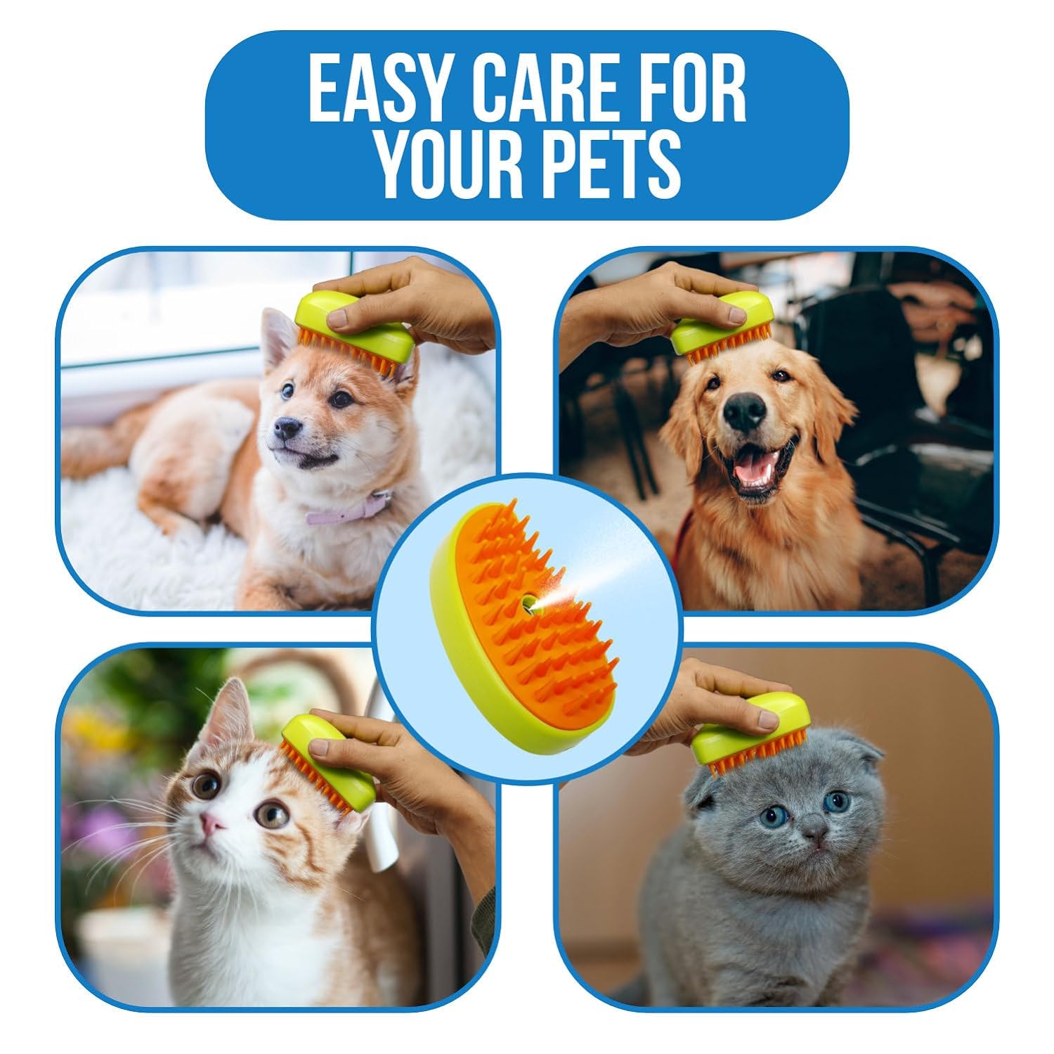 Wukusy 3-in-1 self-cleaning steam cat and dog grooming brush for massage, hair removal, and detangling pets' loose and tangled fur.