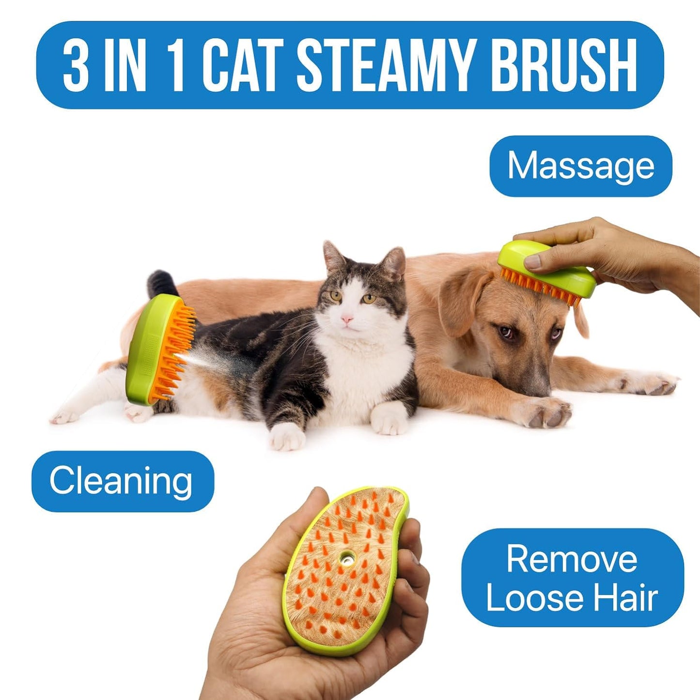 Wukusy 3-in-1 steam cat brush for grooming, pet hair removal, and massage with self-cleaning feature for cats and dogs.