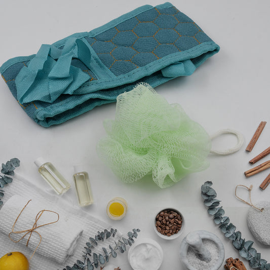 Wukusy 2-pack bath shower set with long dual-sided loofah sponges and bath brushes for deep cleaning and gentle body exfoliation.