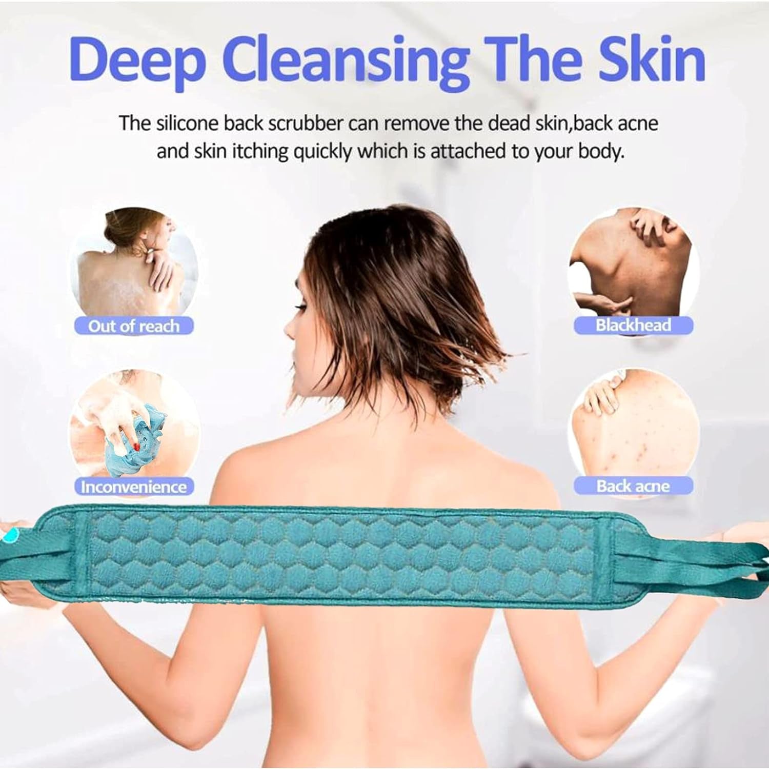 Wukusy bath shower set with two soft loofah sponges and long-handled dual-sided scrubbers for deep cleaning.