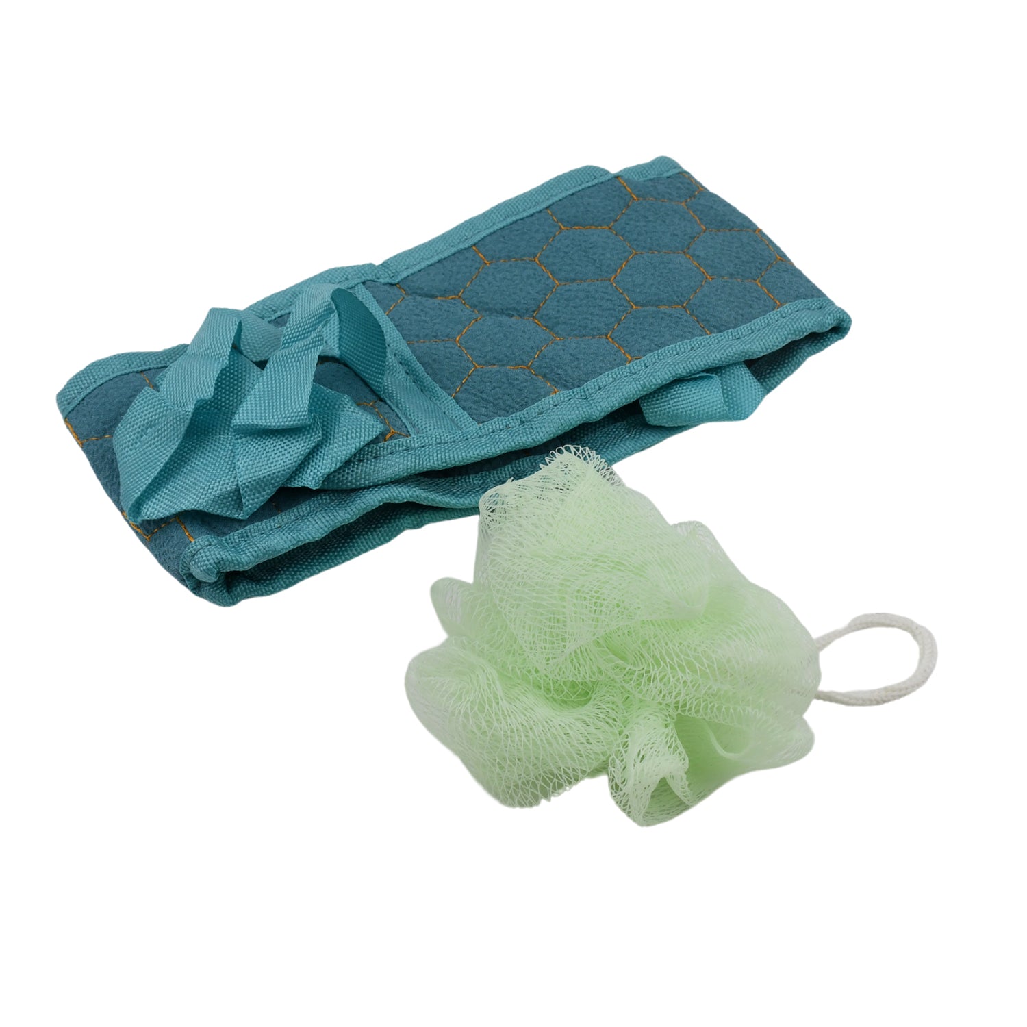 Wukusy 2-piece bath shower set with double-sided loofah sponges and long-handled bath brushes, soft and durable for deep cleaning.