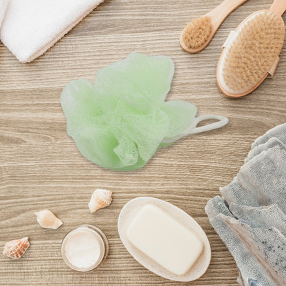 Wukusy bath shower set with two soft loofah sponges and long-handled dual-sided scrubbers for deep cleaning and gentle exfoliation.