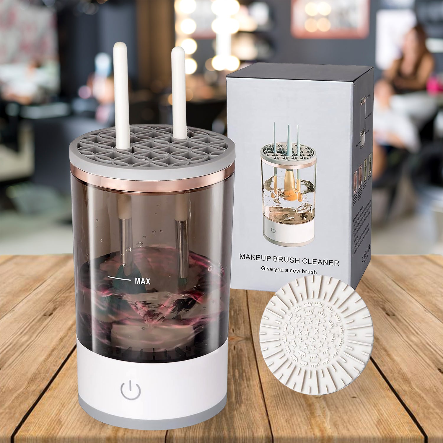 Wukusy automatic makeup brush cleaner, electric hand-free brush washer with brushes organizer for easy cleaning and storage.