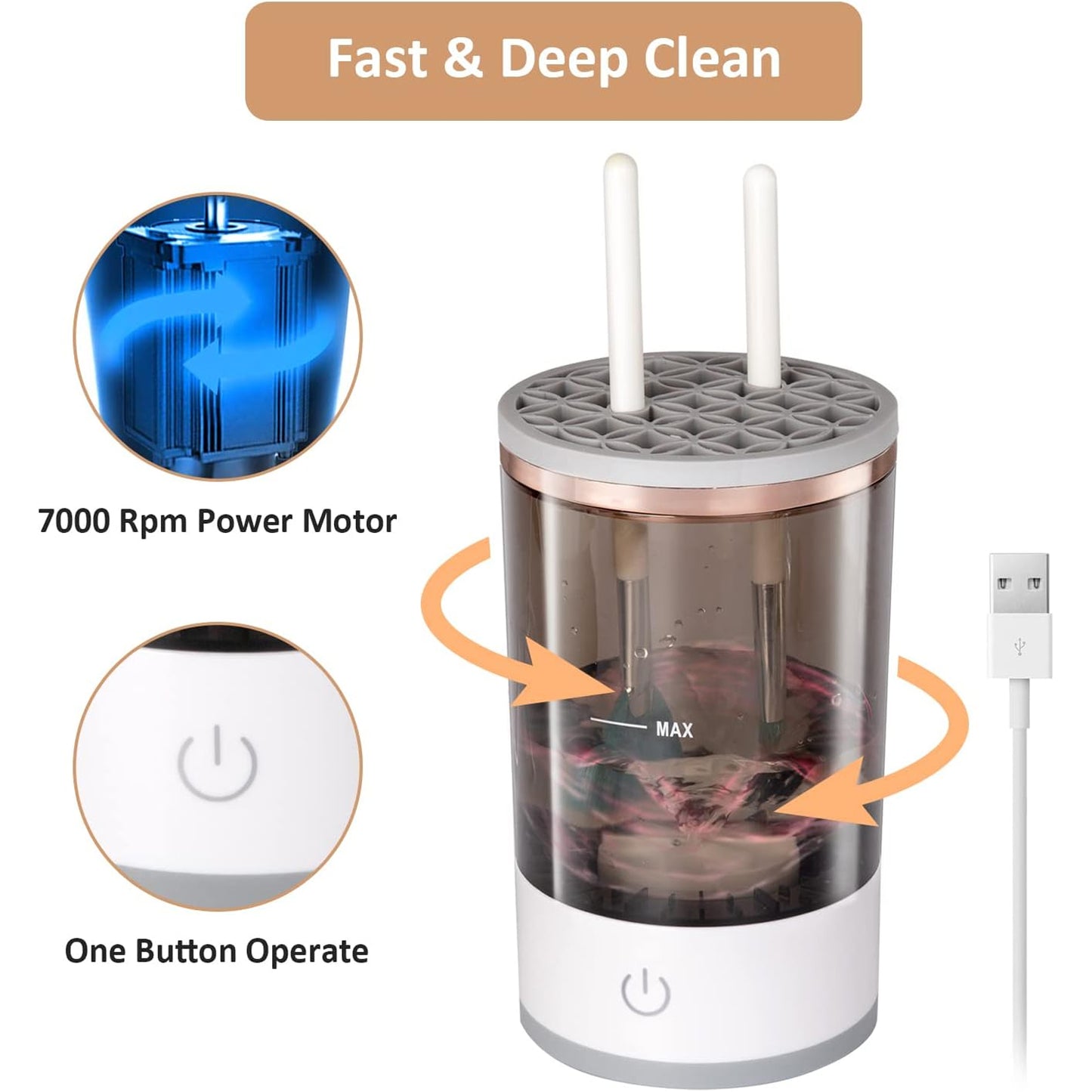 Wukusy automatic electric makeup brush cleaner and washer with brush organizer, hand-free design for fast, thorough cleaning.