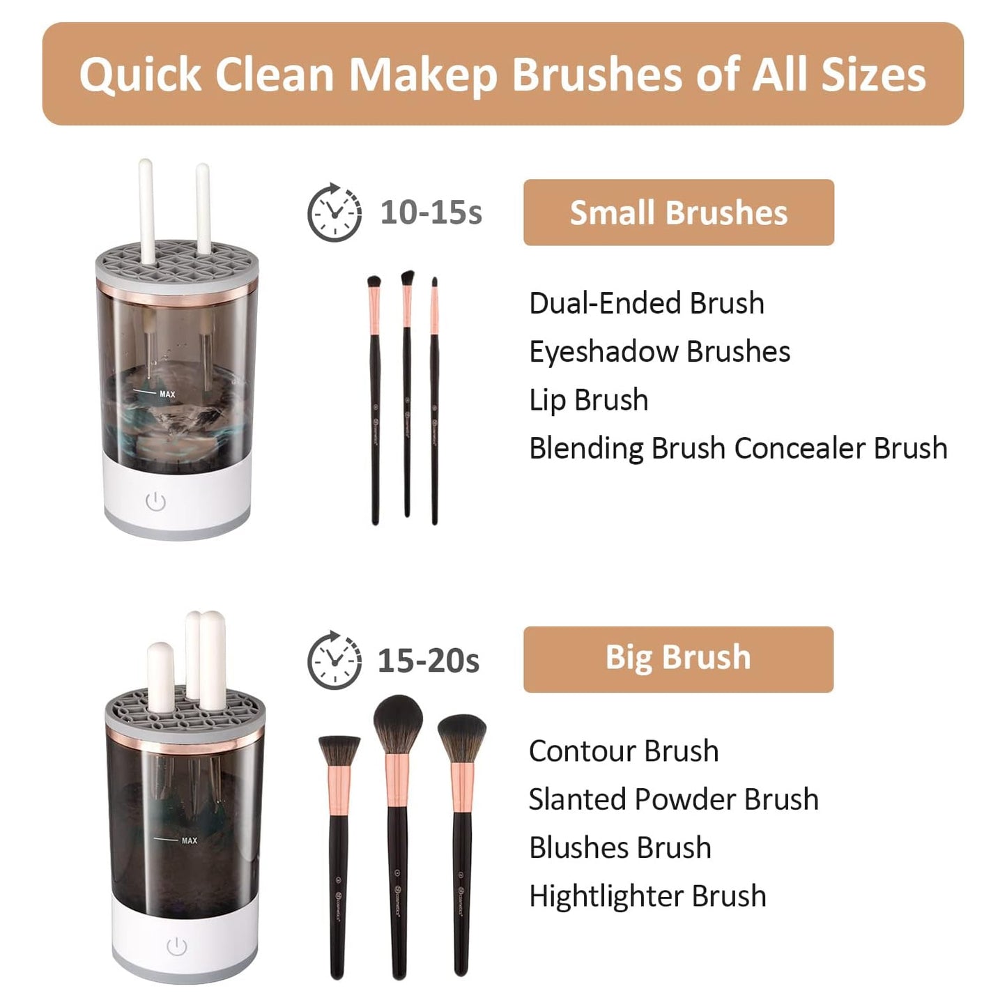 Wukusy automatic makeup brush cleaner and organizer machine, fast electric handheld device for cleaning and drying makeup brushes.