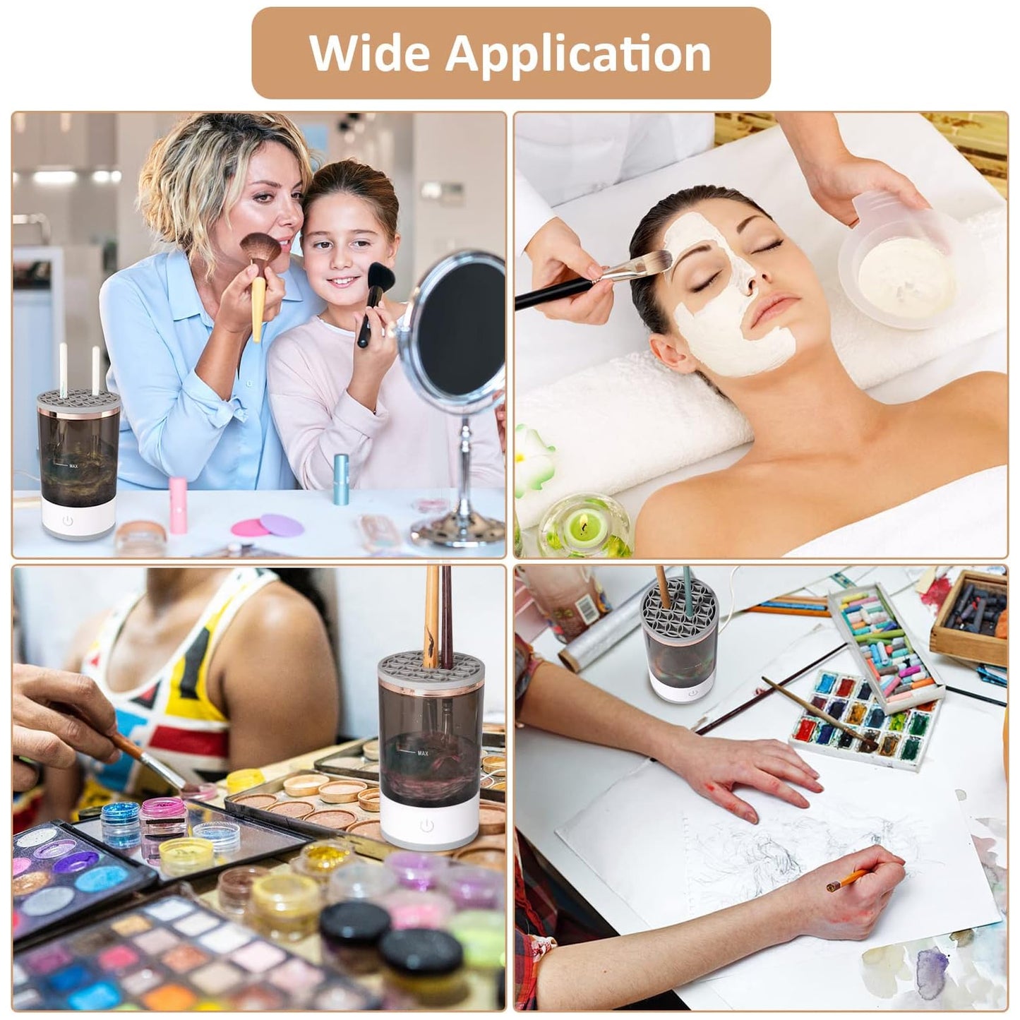 Wukusy automatic electric makeup brush cleaner machine for fast, hands-free cleaning of cosmetic brushes, with brush organizer tool.