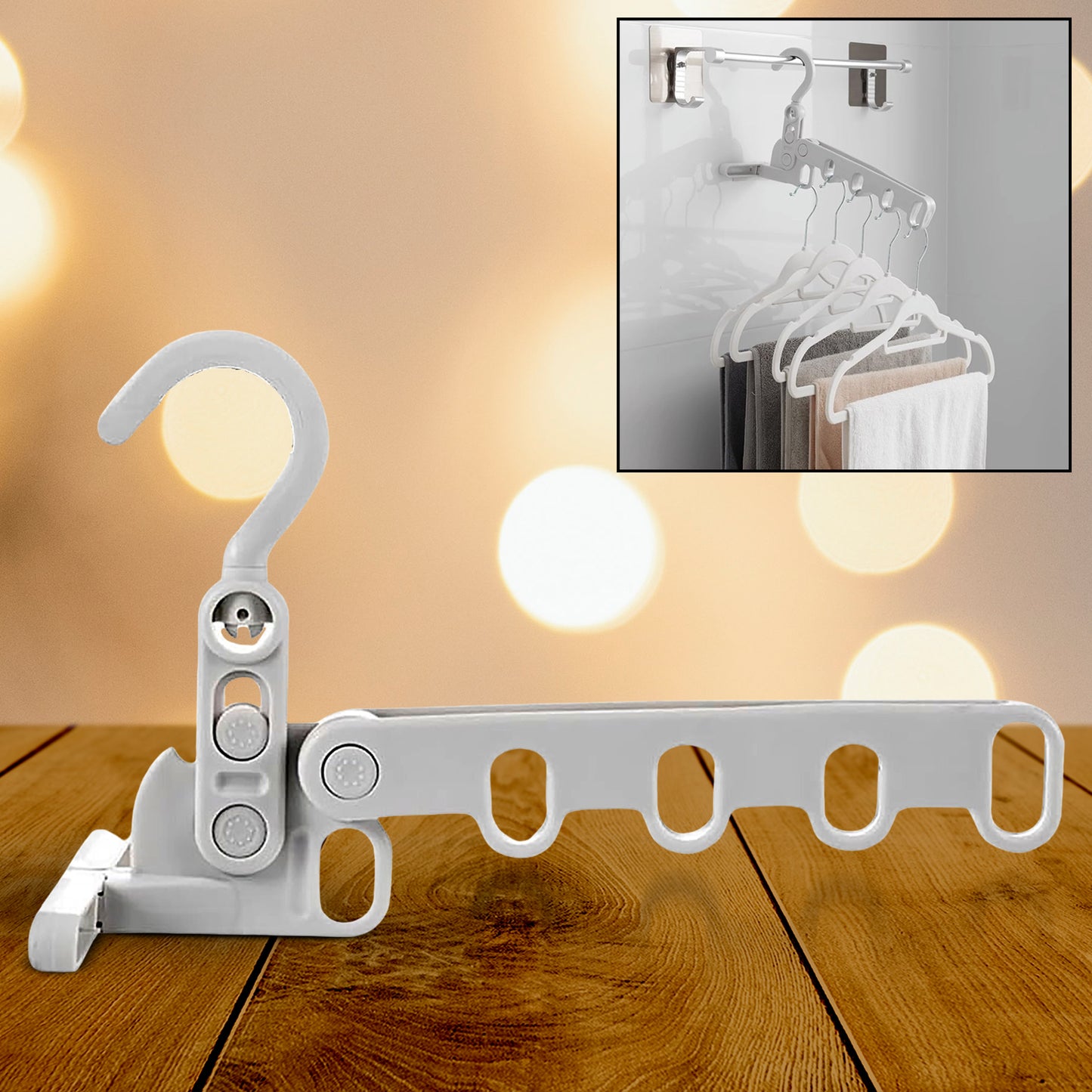 Wukusy foldable 5-hole travel clothes hanger with space-saving wall mount, sturdy multifunctional clothes rack for indoor use.