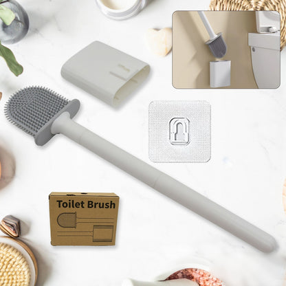 Wukusy portable silicone toilet brush with wall-mounted holder, long handle, anti-drip design, non-slip grip, bathroom cleaning tool.