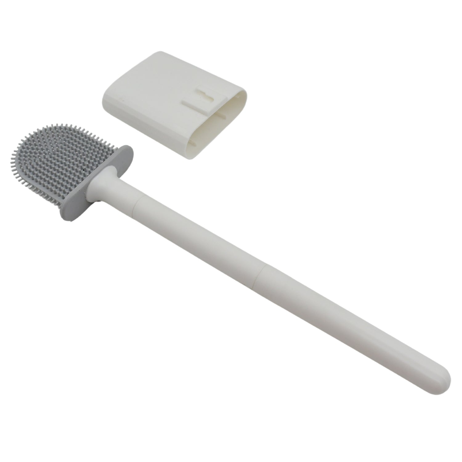 Wukusy portable silicone toilet brush with wall-mounted holder, long handle, anti-drip design, non-slip grip for effective cleaning.