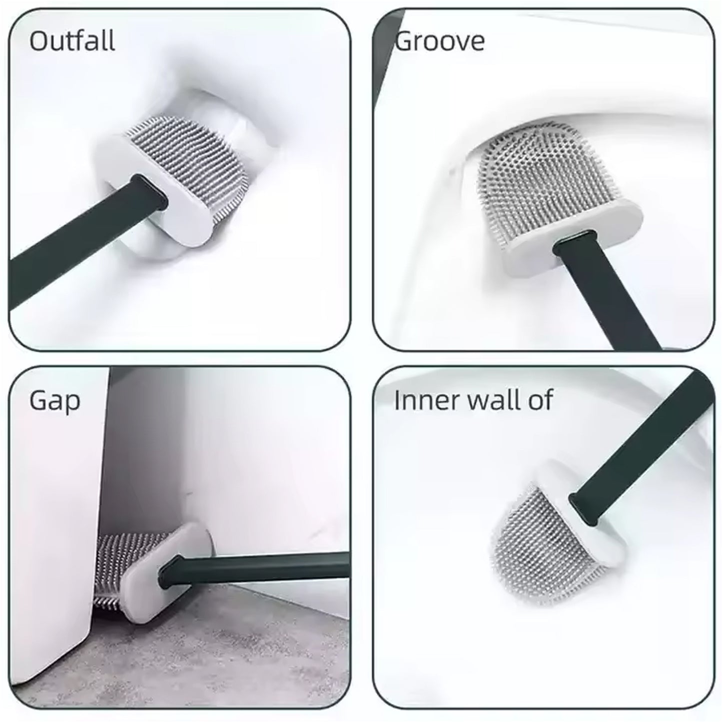 Wukusy portable silicone toilet brush with wall-mounted holder, long handle, anti-drip design, non-slip grip for bathroom cleaning.