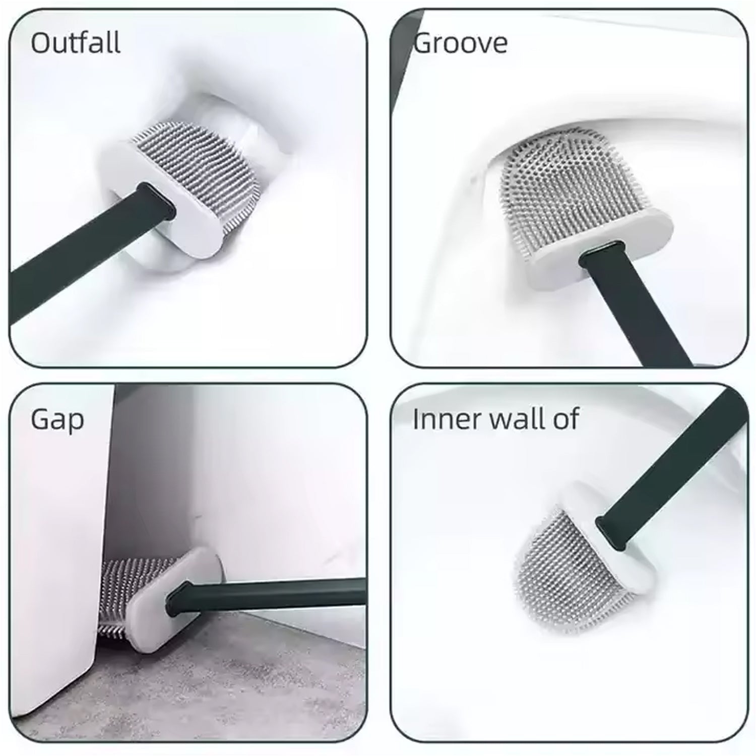 Wukusy portable silicone toilet brush with wall-mounted holder, long handle, anti-drip design, non-slip grip for bathroom cleaning.