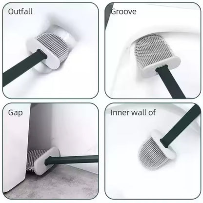 Wukusy portable silicone toilet brush with wall-mounted holder, long handle, anti-drip design, non-slip grip for bathroom cleaning.