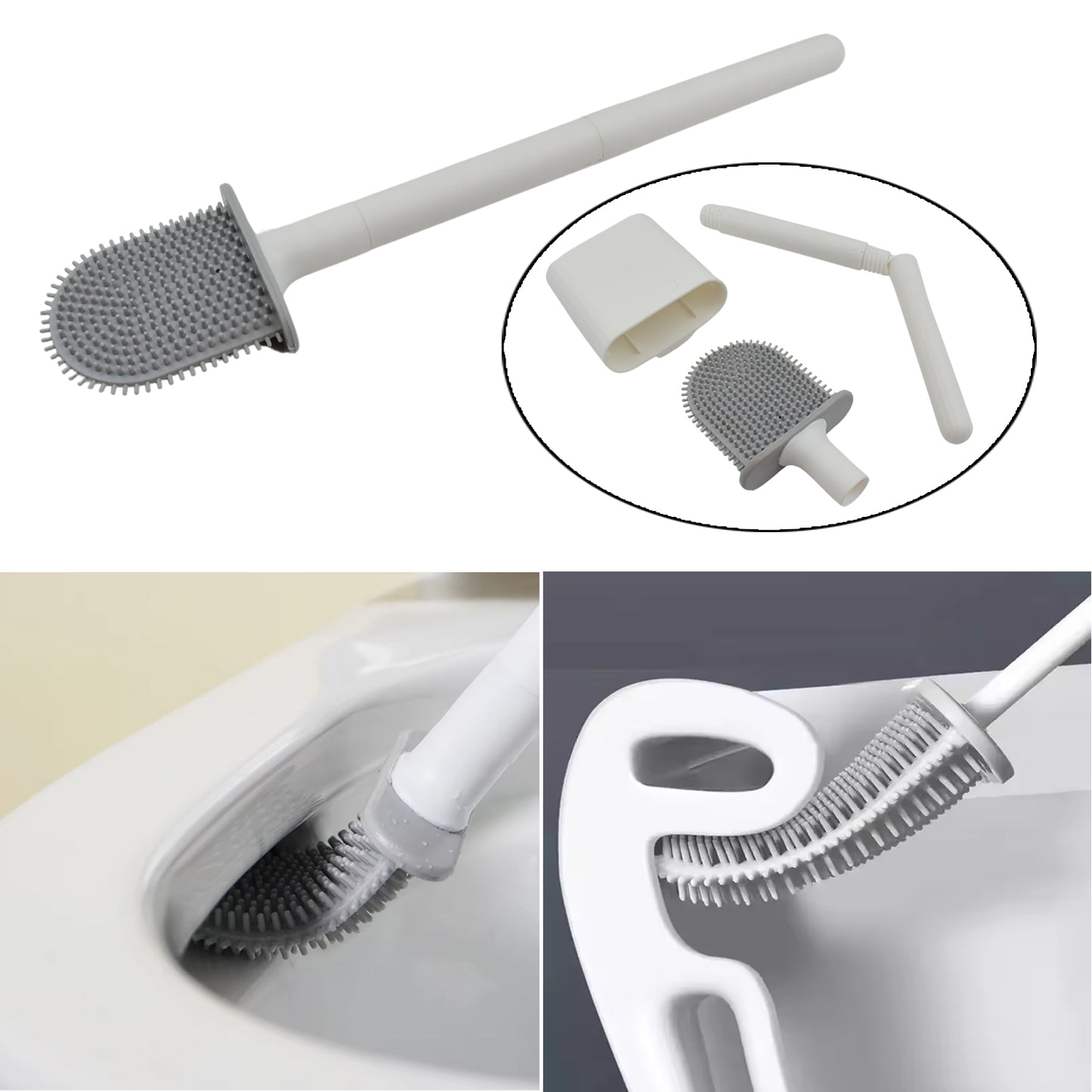 Wukusy portable silicone toilet brush with wall-mounted holder, long handle, anti-drip design, non-slip grip for effective cleaning.