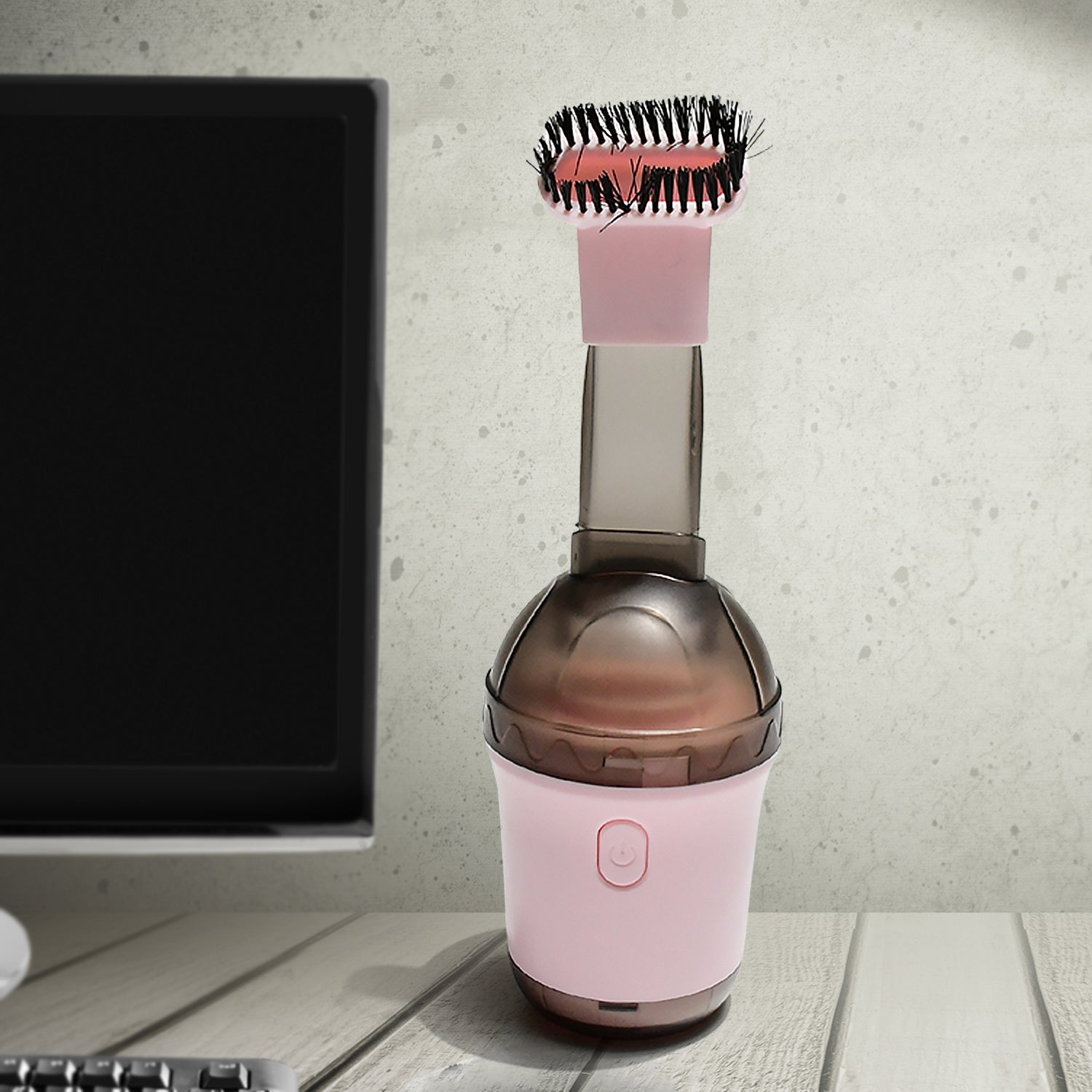 Wukusy cordless handheld vacuum cleaner with one-button switch, ideal for office desktop cleaning, compact and portable design.