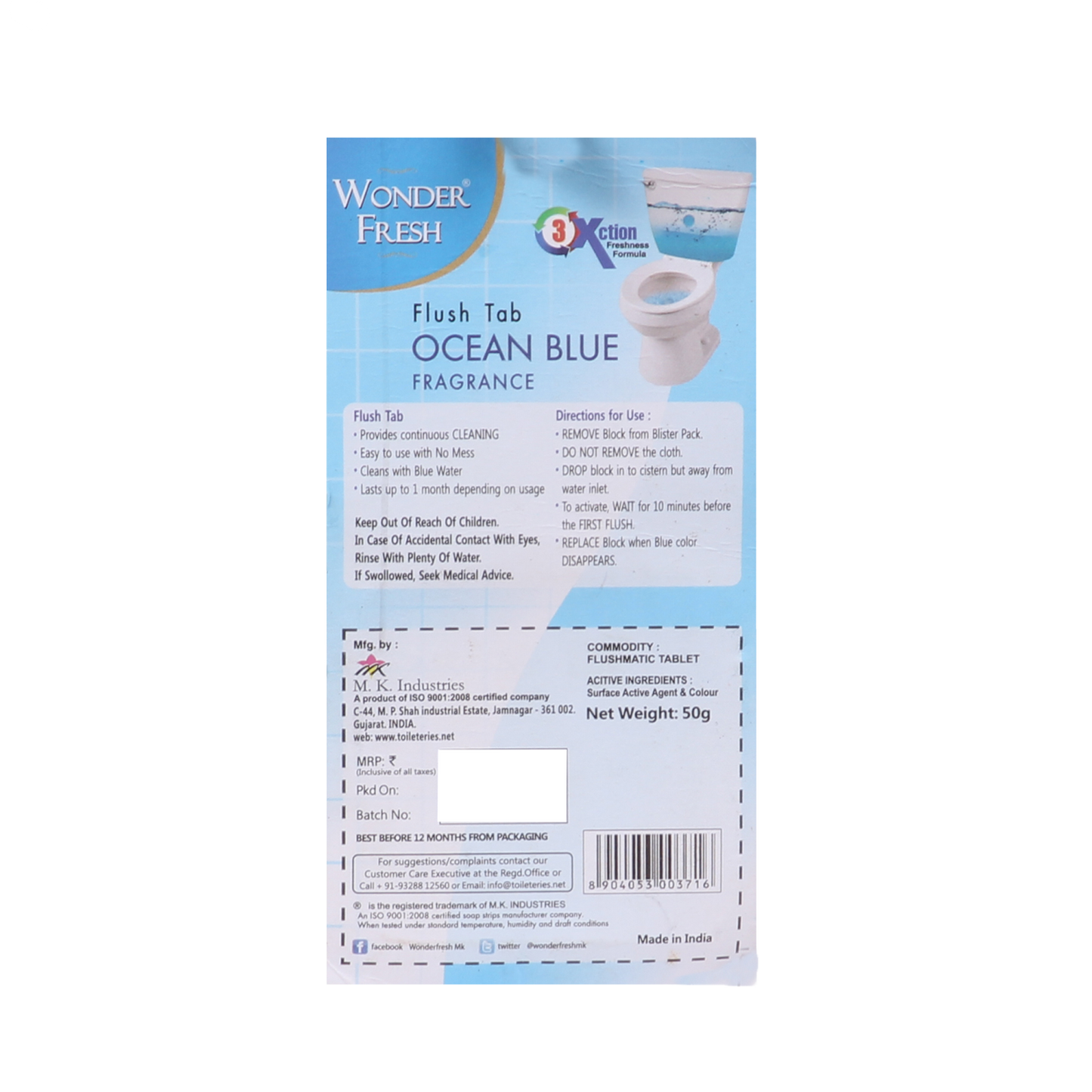 Wukusy 1325 Toilet Cleaner Flush Tab in Ocean Blue, 50 grams, designed for effective bathroom cleaning and freshening.