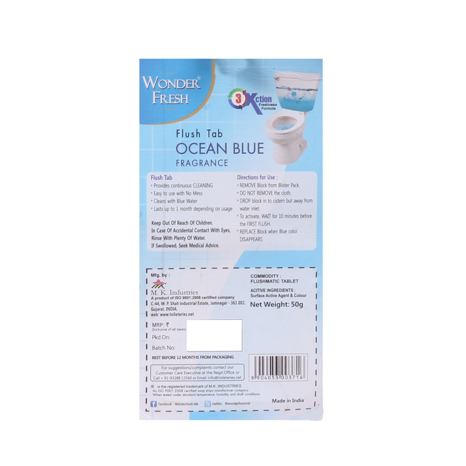 Wukusy 1325 Toilet Cleaner Flush Tab in Ocean Blue, 50 grams, designed for effective bathroom cleaning and freshening.