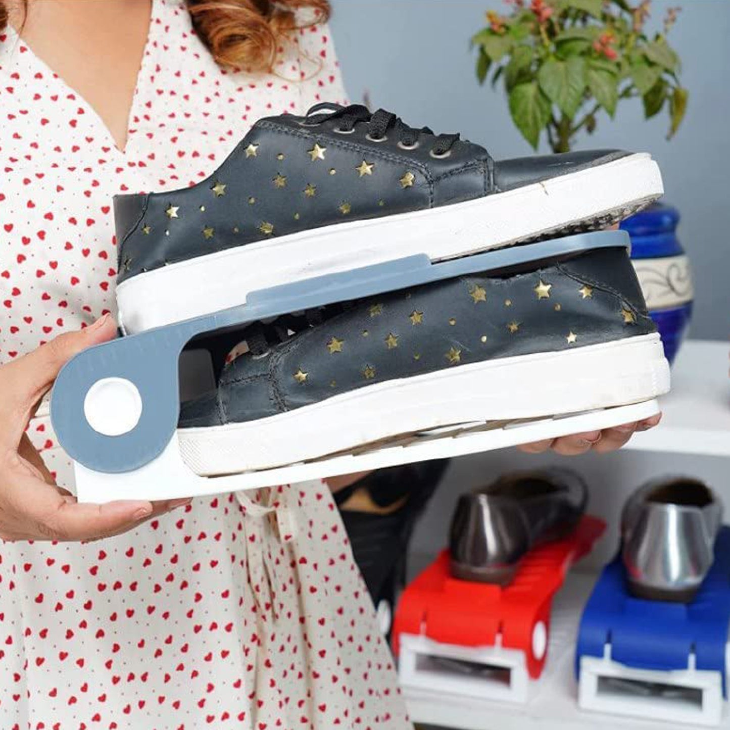 Wukusy adjustable plastic shoe organizer with multiple slots, portable space-saving shoe rack for home storage.