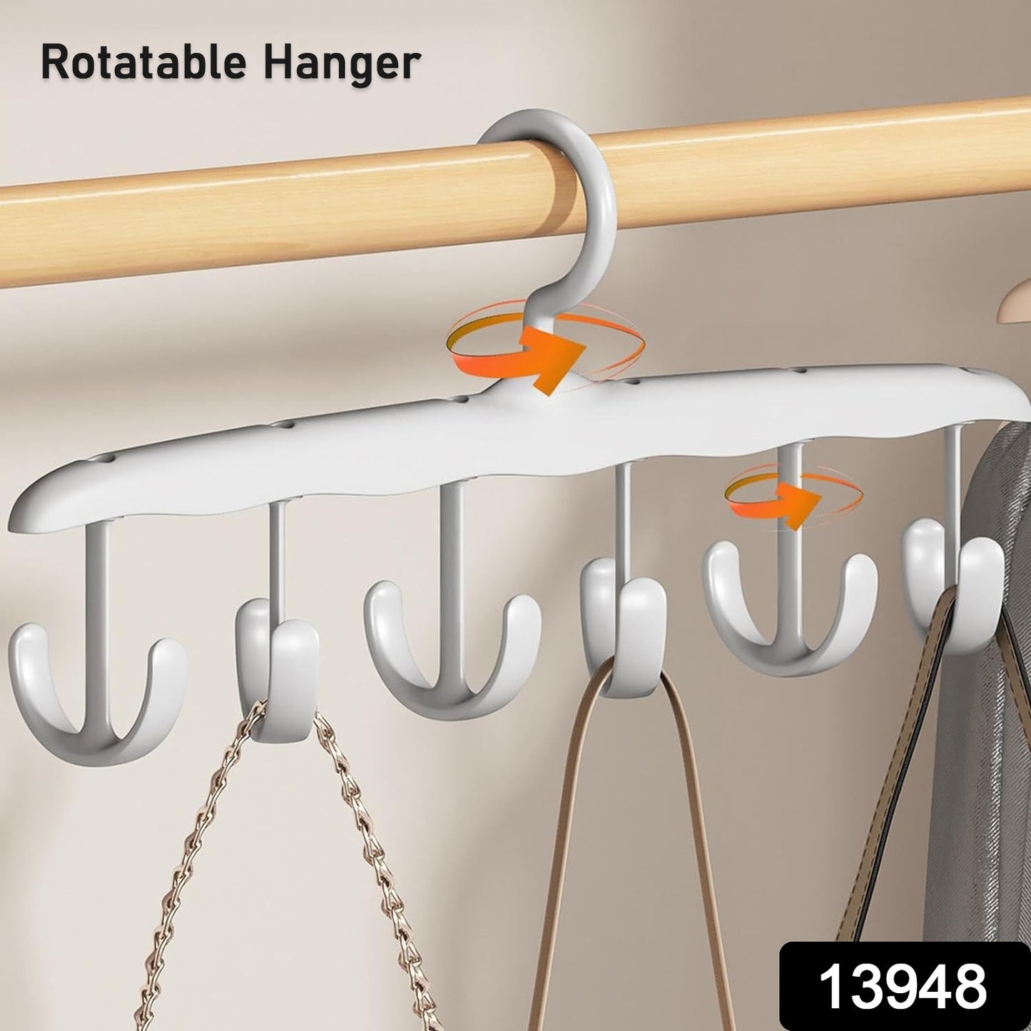 Wukusy 12-hook wooden tank top hanger, rotatable space-saving closet organizer for dorms and apartments.
