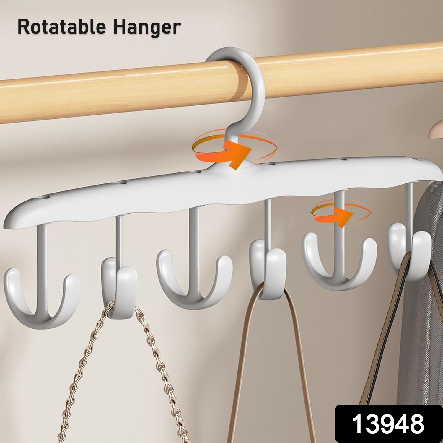 Wukusy 12-hook wooden tank top hanger, rotatable space-saving closet organizer for dorms and apartments.
