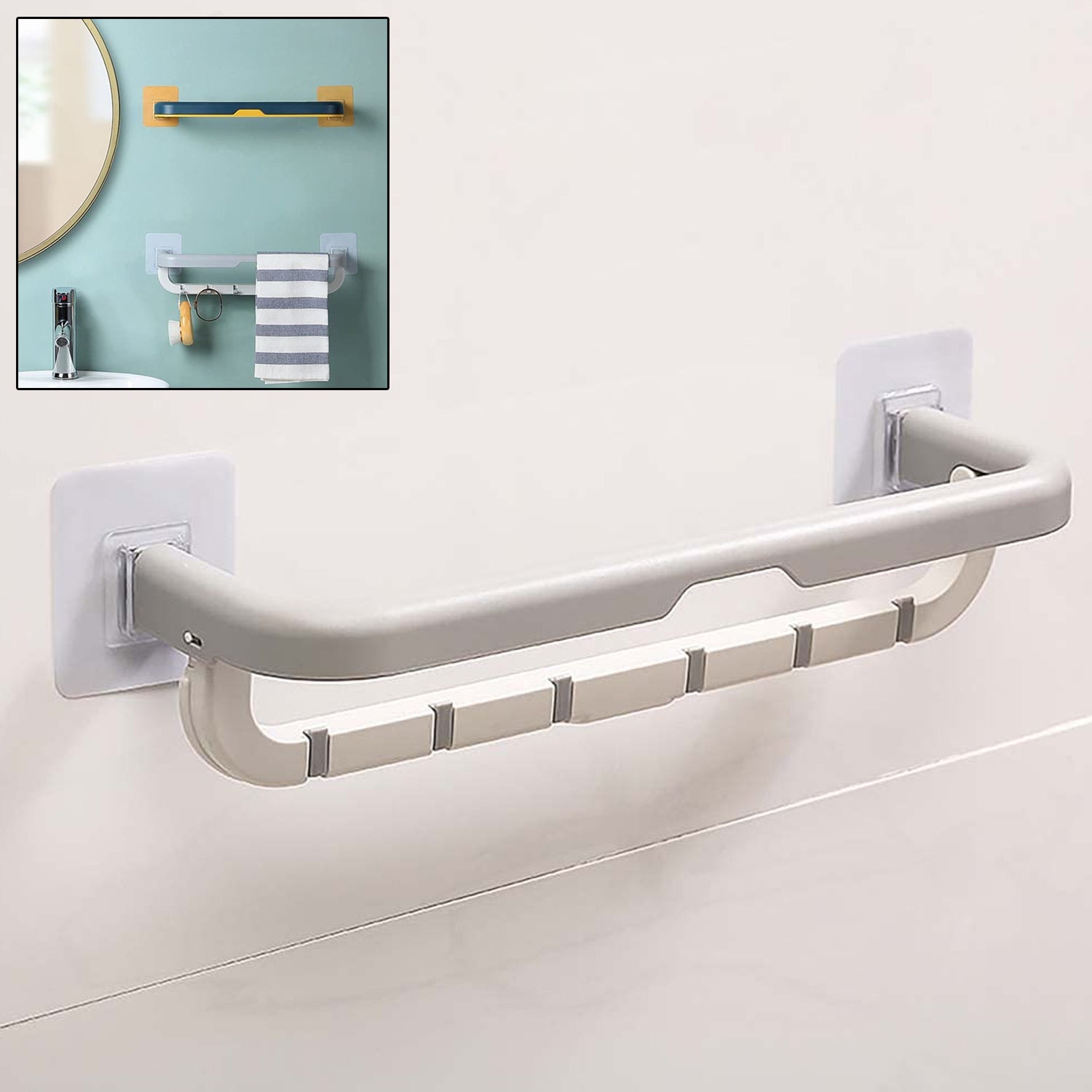 Wukusy wall-mounted double bar towel holder with hooks, adjustable kitchen and bathroom towel rack with folding shelf.
