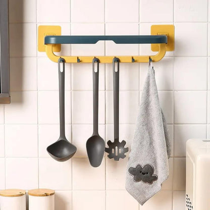 Wukusy wall-mounted double bar towel holder with hooks, adjustable towel rack for kitchen and bathroom use.