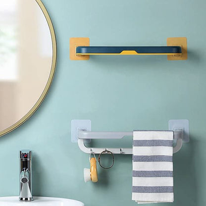 Wukusy wall-mounted double bar towel holder with hooks, adjustable towel rack for kitchen or bathroom, folding towel shelf.