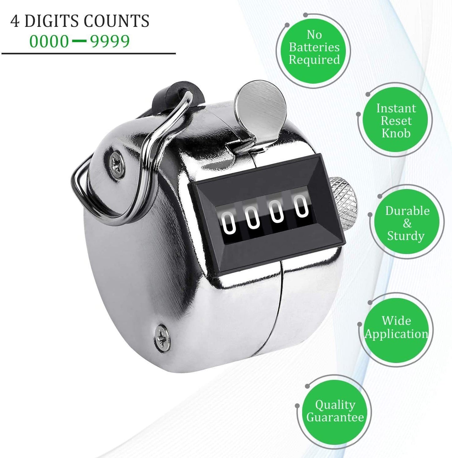Wukusy 1550 4-digit handheld tally counter with clicker for home improvement, showing numbers on a digital display.