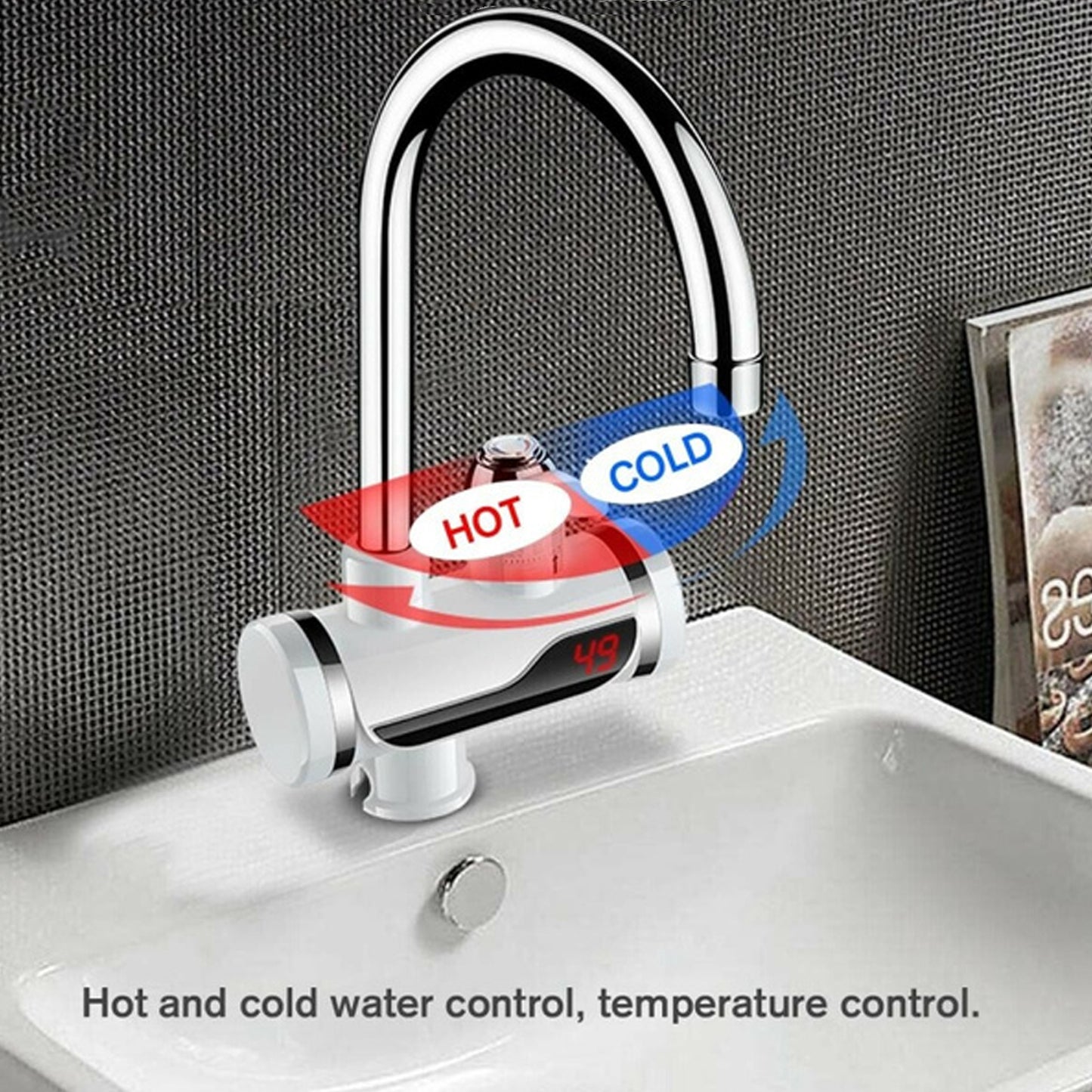 Wukusy stainless steel LED digital display electric water heater faucet with instant heating for home improvement.