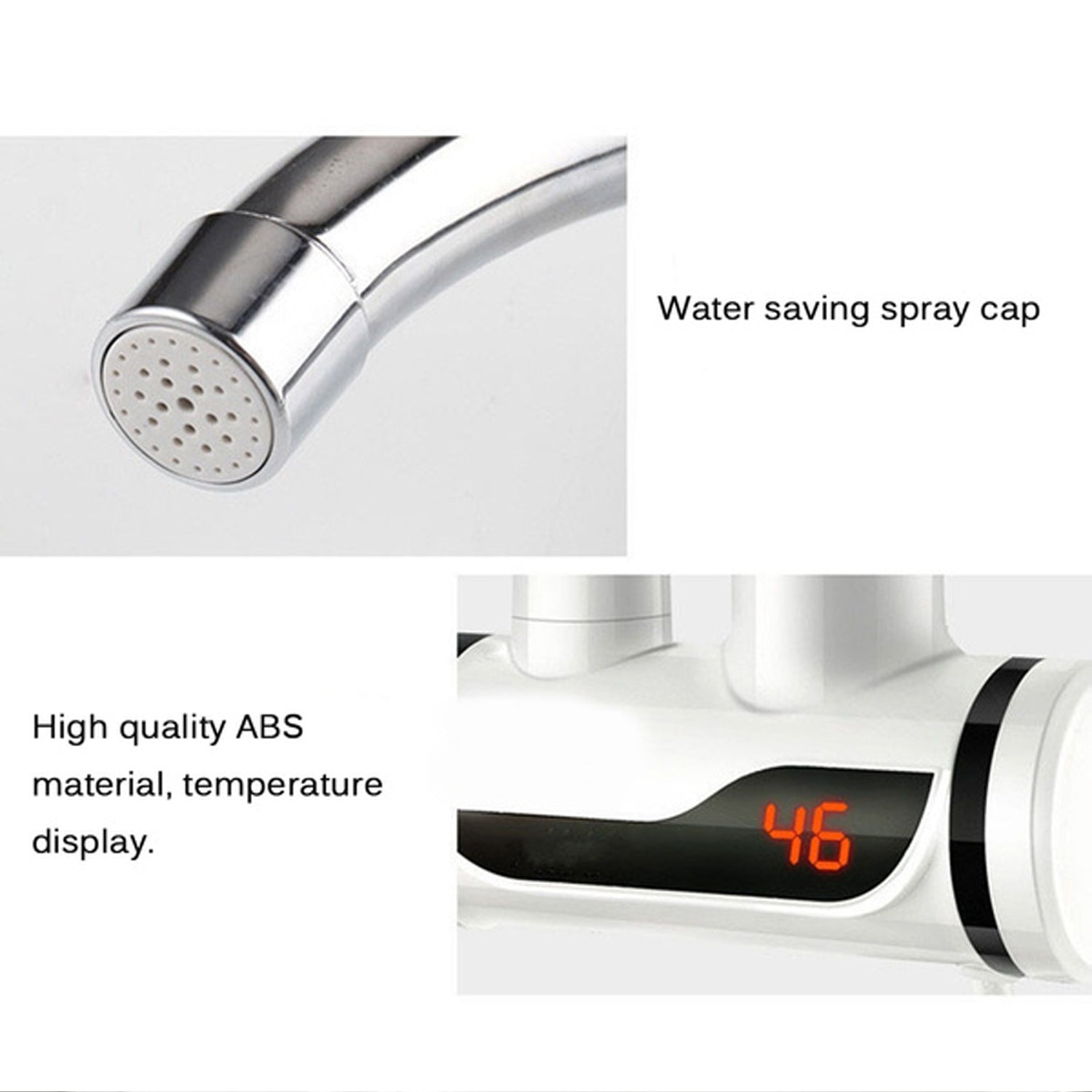 Stainless steel Wukusy electric water heater faucet with LED digital display, instant heating, and modern home improvement design.