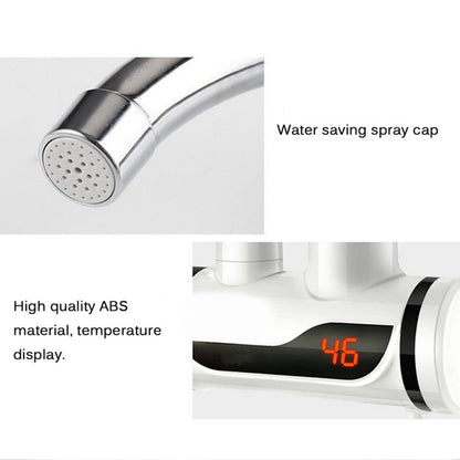 Stainless steel Wukusy electric water heater faucet with LED digital display, instant heating, and modern home improvement design.