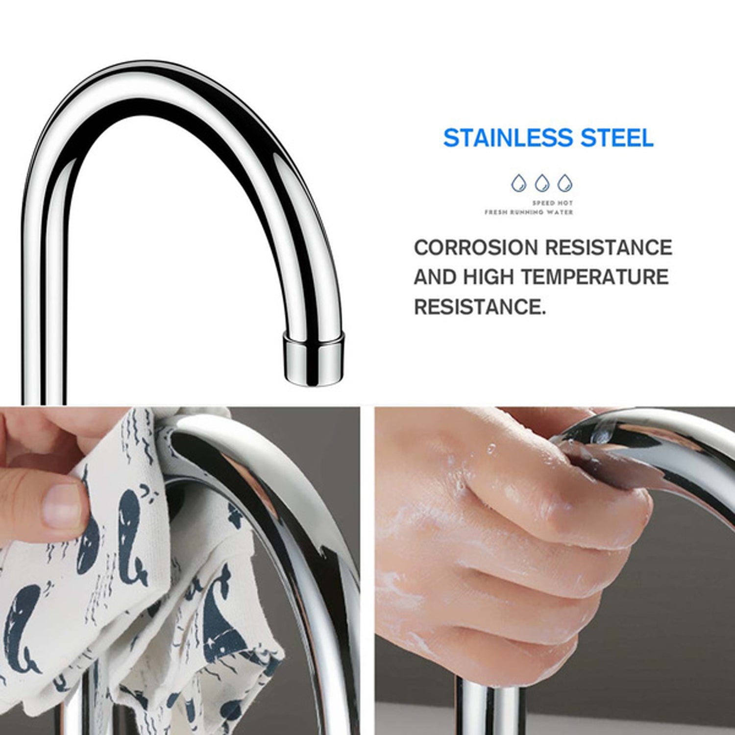 Wukusy stainless steel electric water heater faucet with LED digital display, instant heating and modern home improvement design.